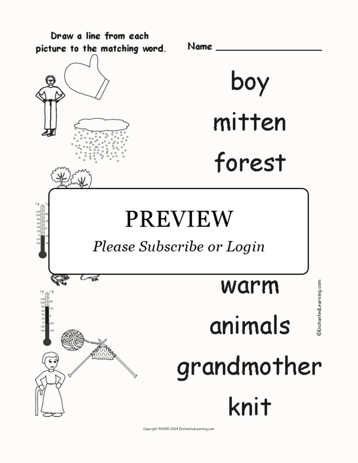 Match 'The Mitten' Words to the Pictures interactive worksheet page 1