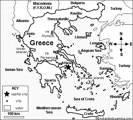 Map of Greece Quiz/Coloring Printout - EnchantedLearning.com