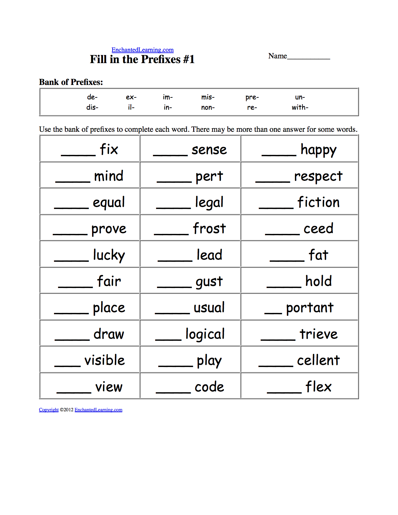 Fill in the Prefixes: Worksheets. EnchantedLearning.com