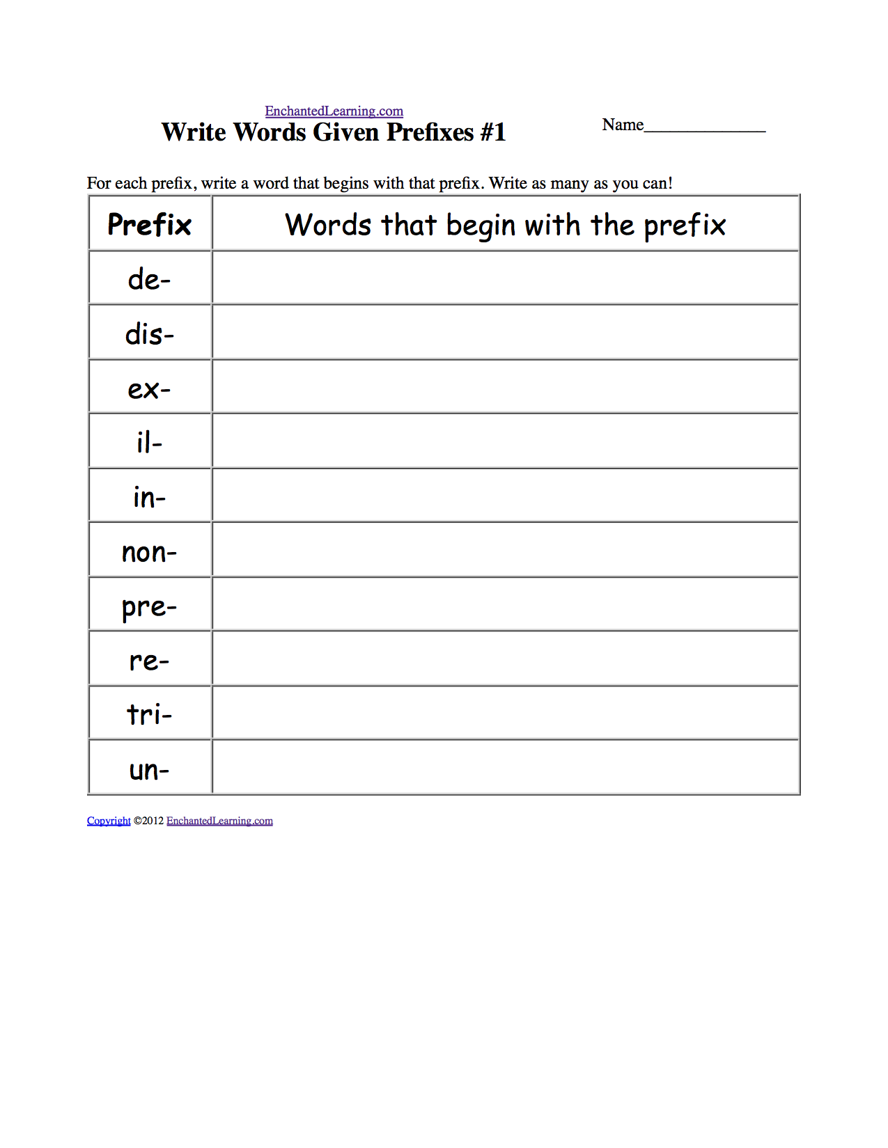 Worksheets and Activities - Prefixes and Suffixes: EnchantedLearning.com