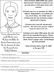 Emily Dickinson Biography/Questions Worksheet - EnchantedLearning.com