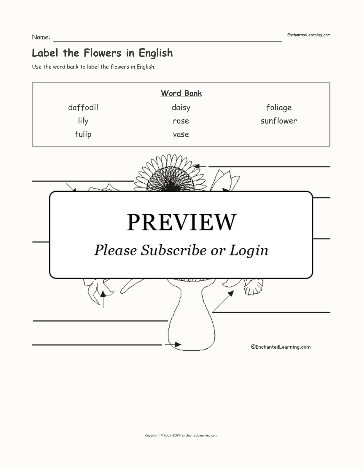 Label the Flowers in English interactive worksheet page 1