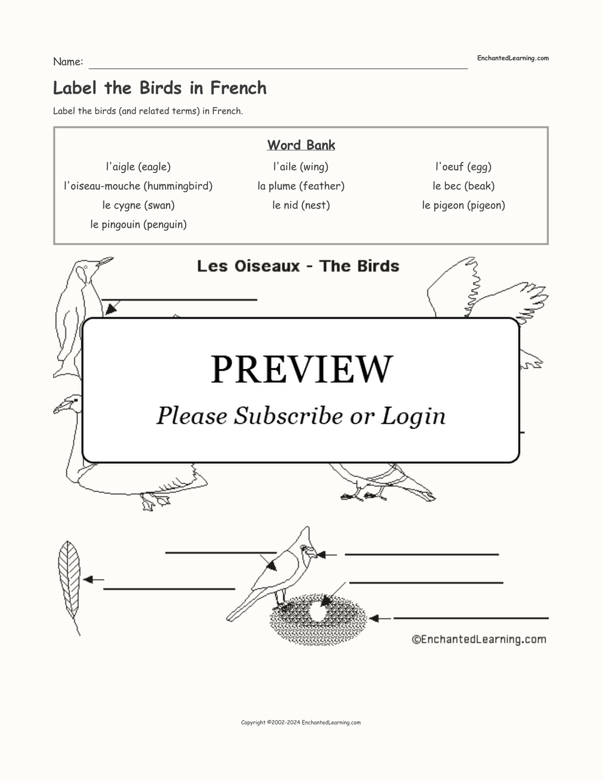 Label the Birds in French interactive worksheet page 1