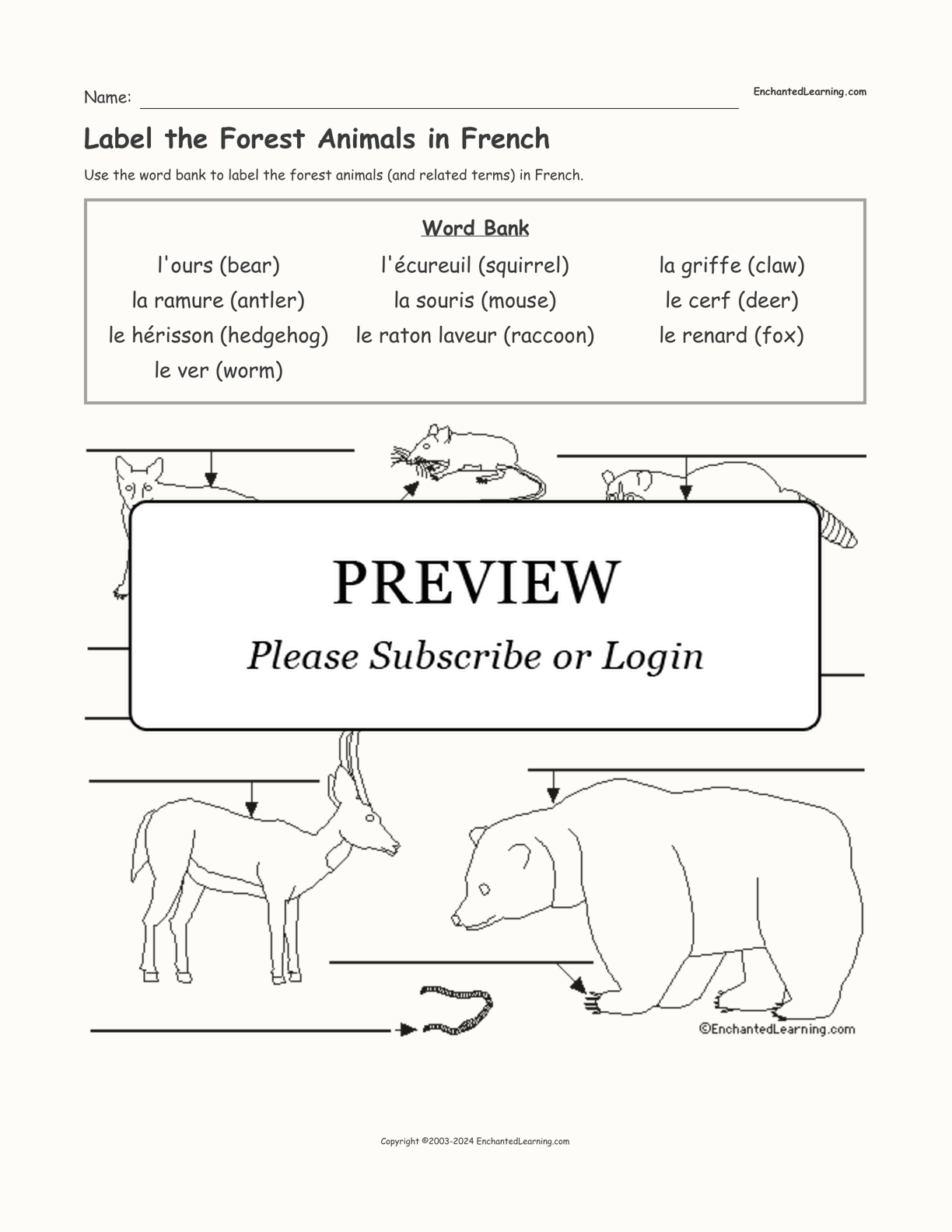 Label the Forest Animals in French interactive worksheet page 1