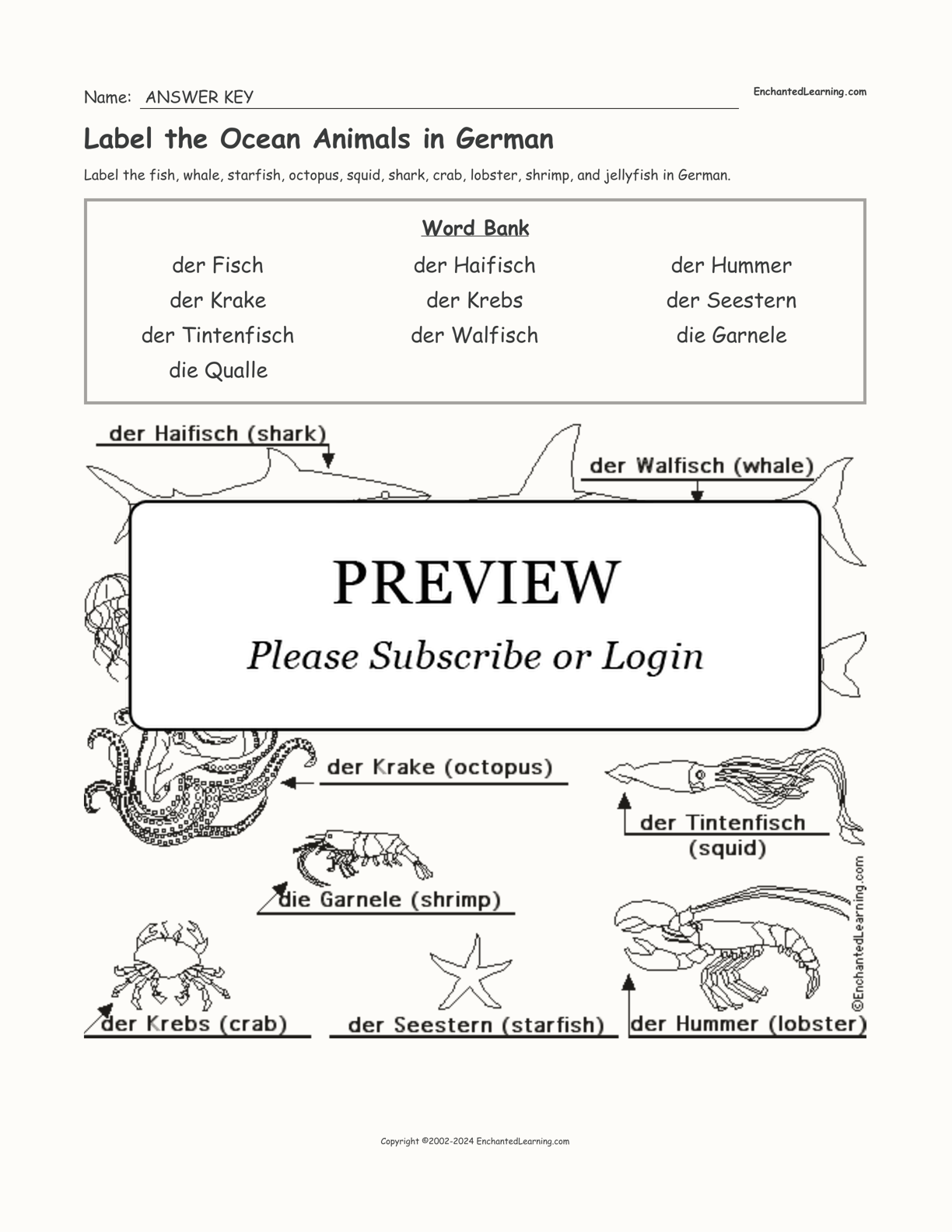 Label the Ocean Animals in German interactive worksheet page 2