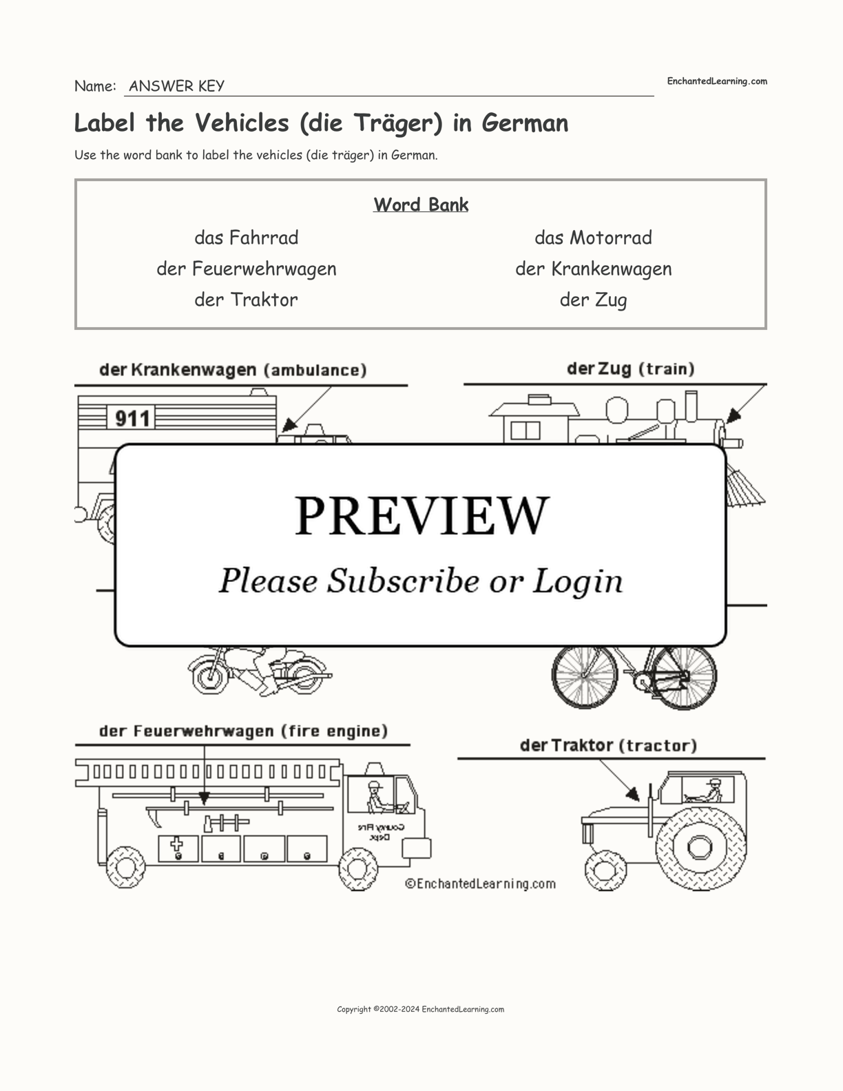 Label the Vehicles (die Träger) in German interactive worksheet page 2