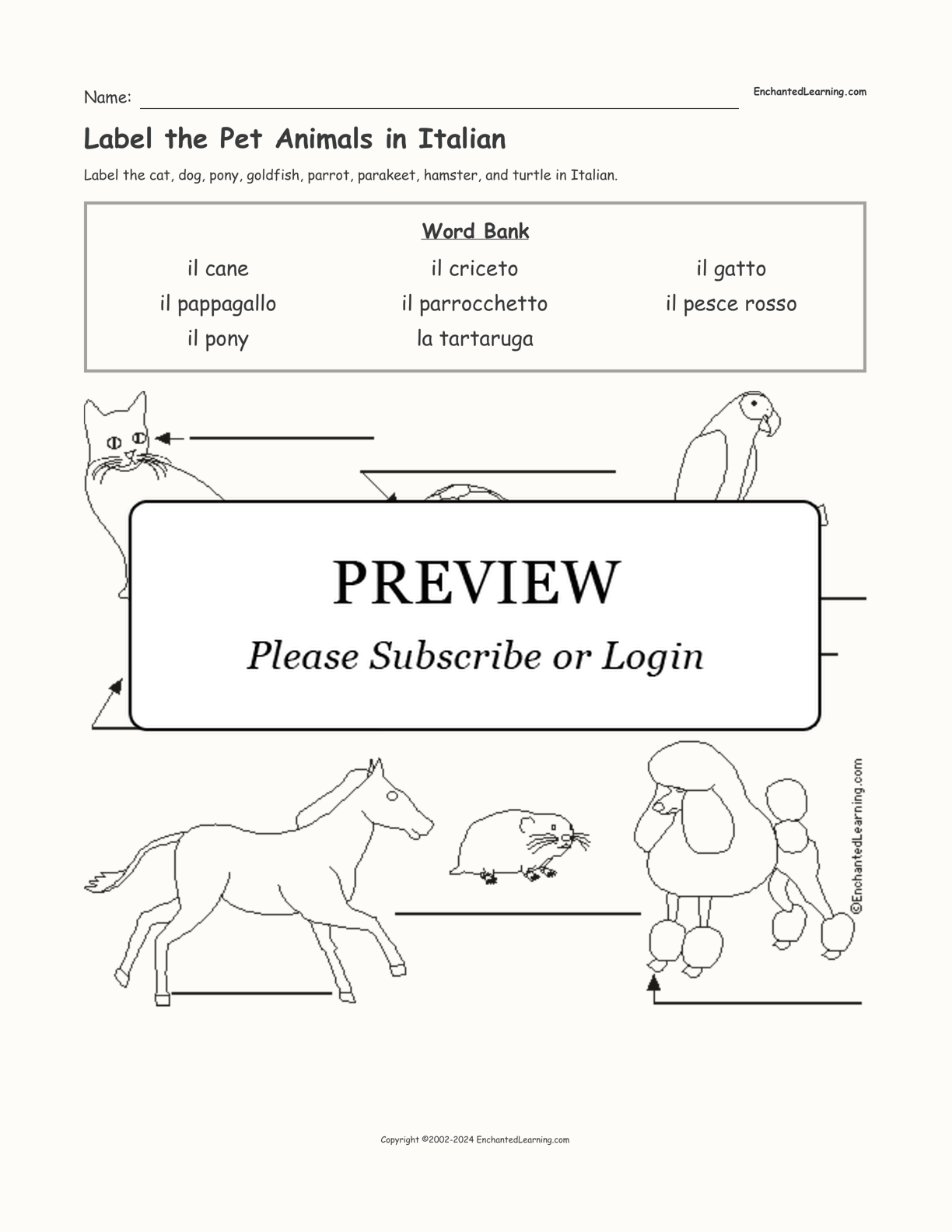 Label the Pet Animals in Italian interactive worksheet page 1
