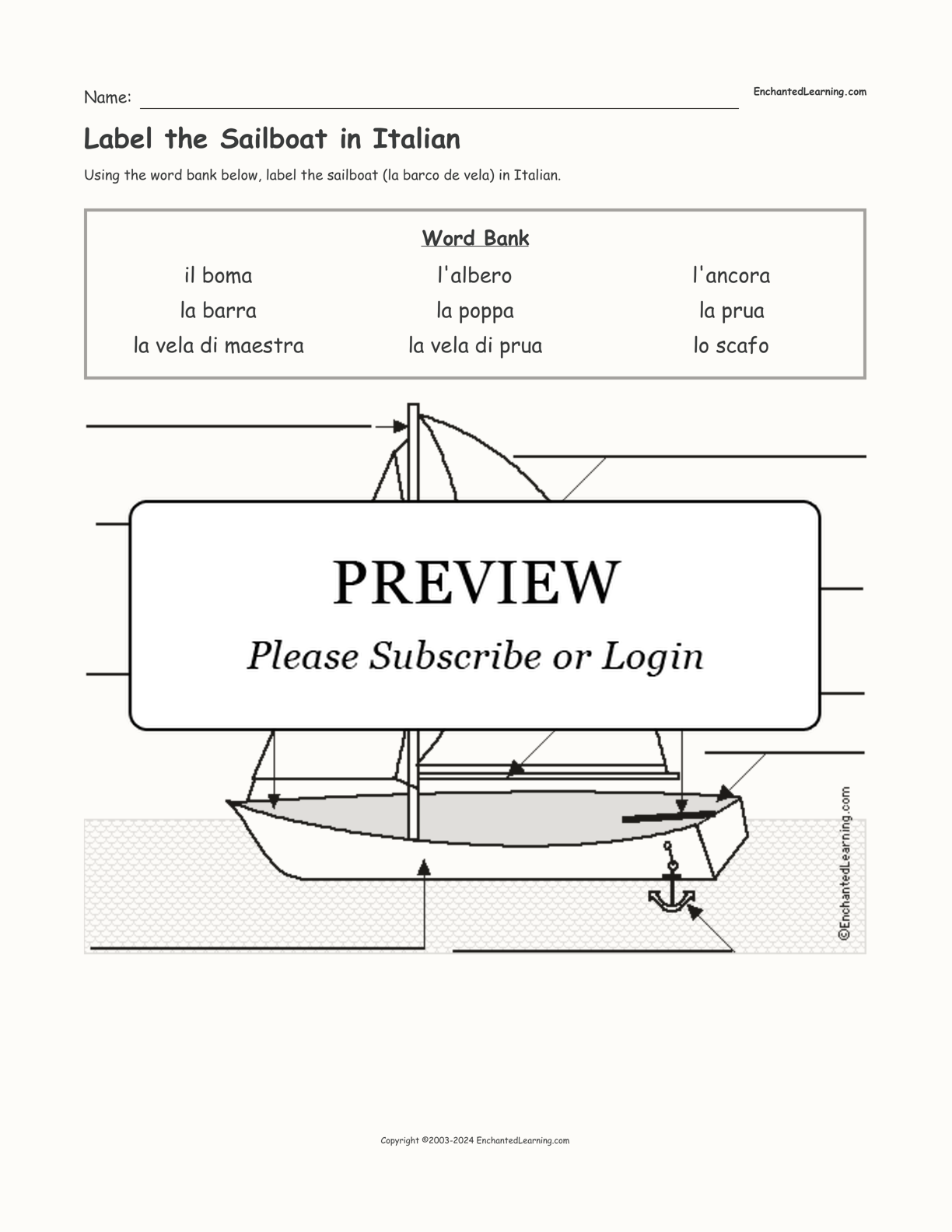 Label the Sailboat in Italian interactive worksheet page 1
