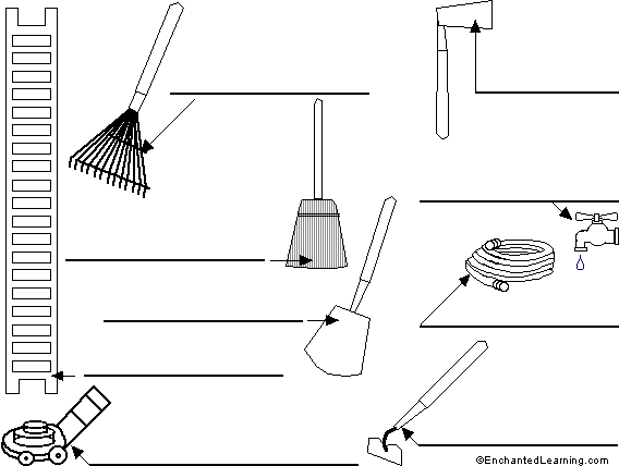Label the garden tools in Portuguese