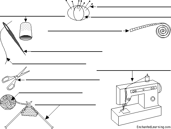 Label the sewing tools in Portuguese