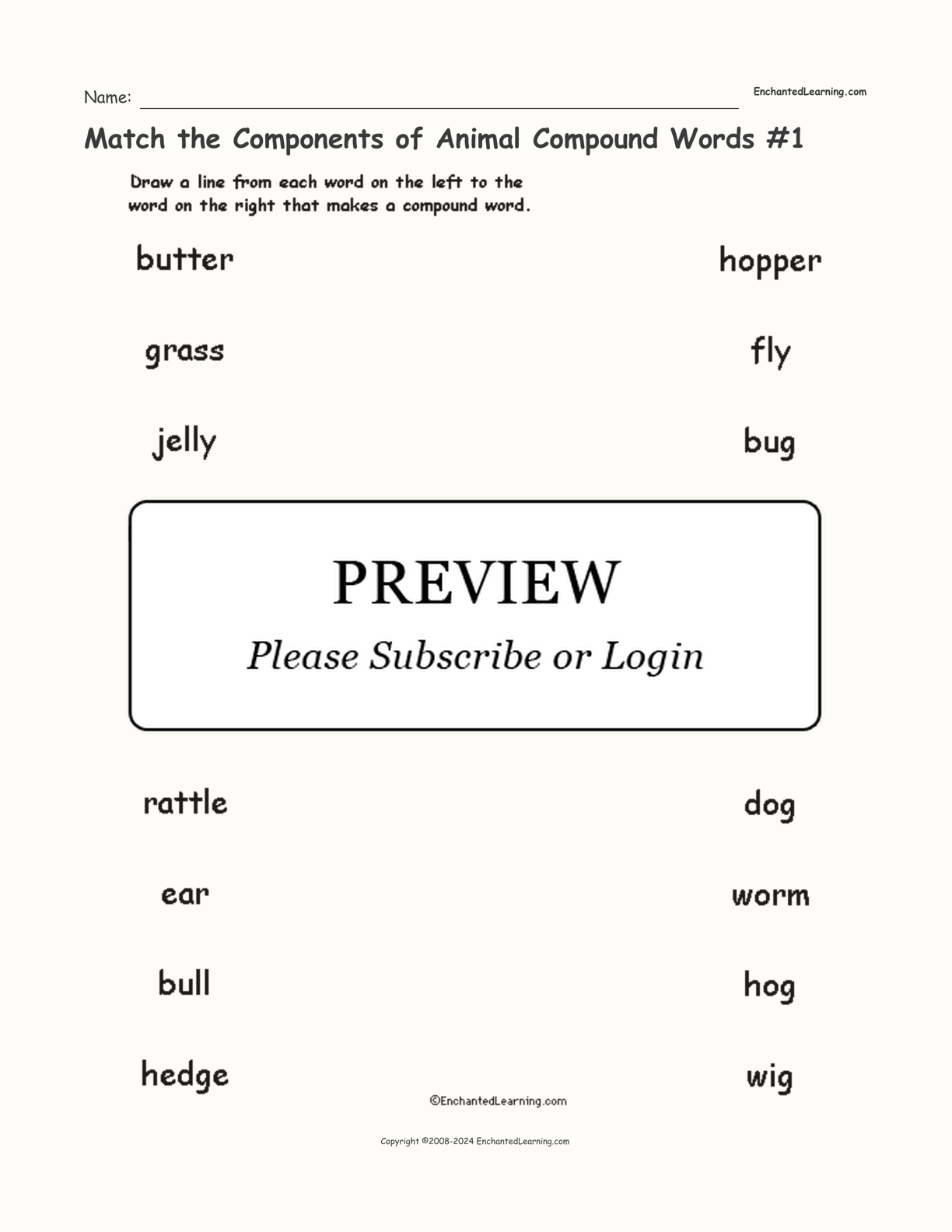 Match the Components of Animal Compound Words #1 interactive worksheet page 1