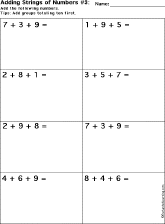 Addition Printout: Add Strings of Three Numbers Worksheet Printout #3