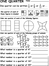 One Quarter Fractions Worksheet - Match the Words to the Pictures