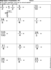 Each worksheet has improper fractions to express as mixed numbers.