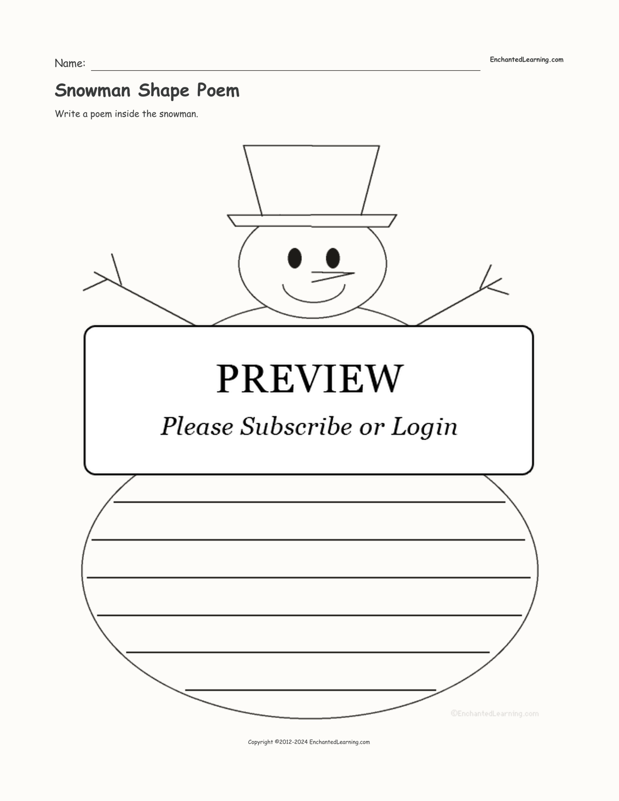 Snowman Shape Poem interactive worksheet page 1