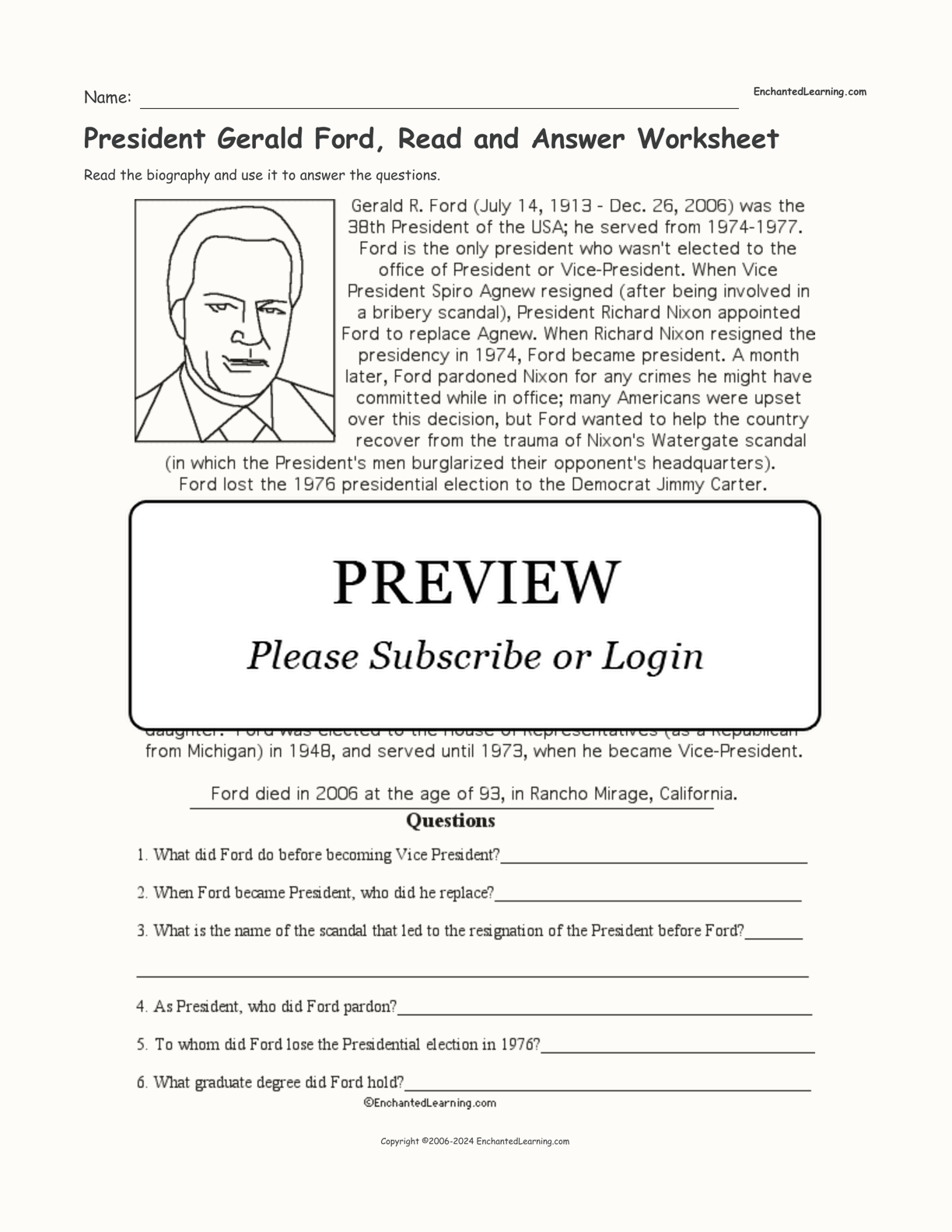 President Gerald Ford, Read and Answer Worksheet interactive worksheet page 1
