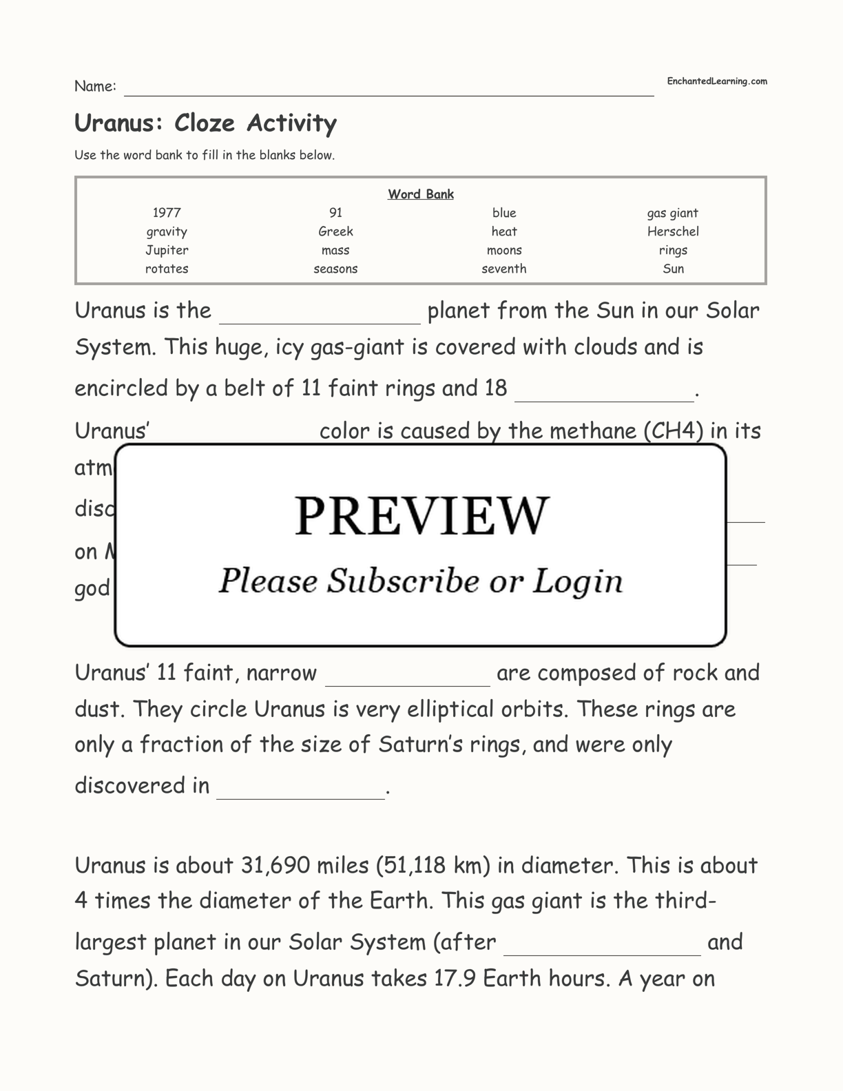 Uranus: Cloze Activity interactive worksheet page 1