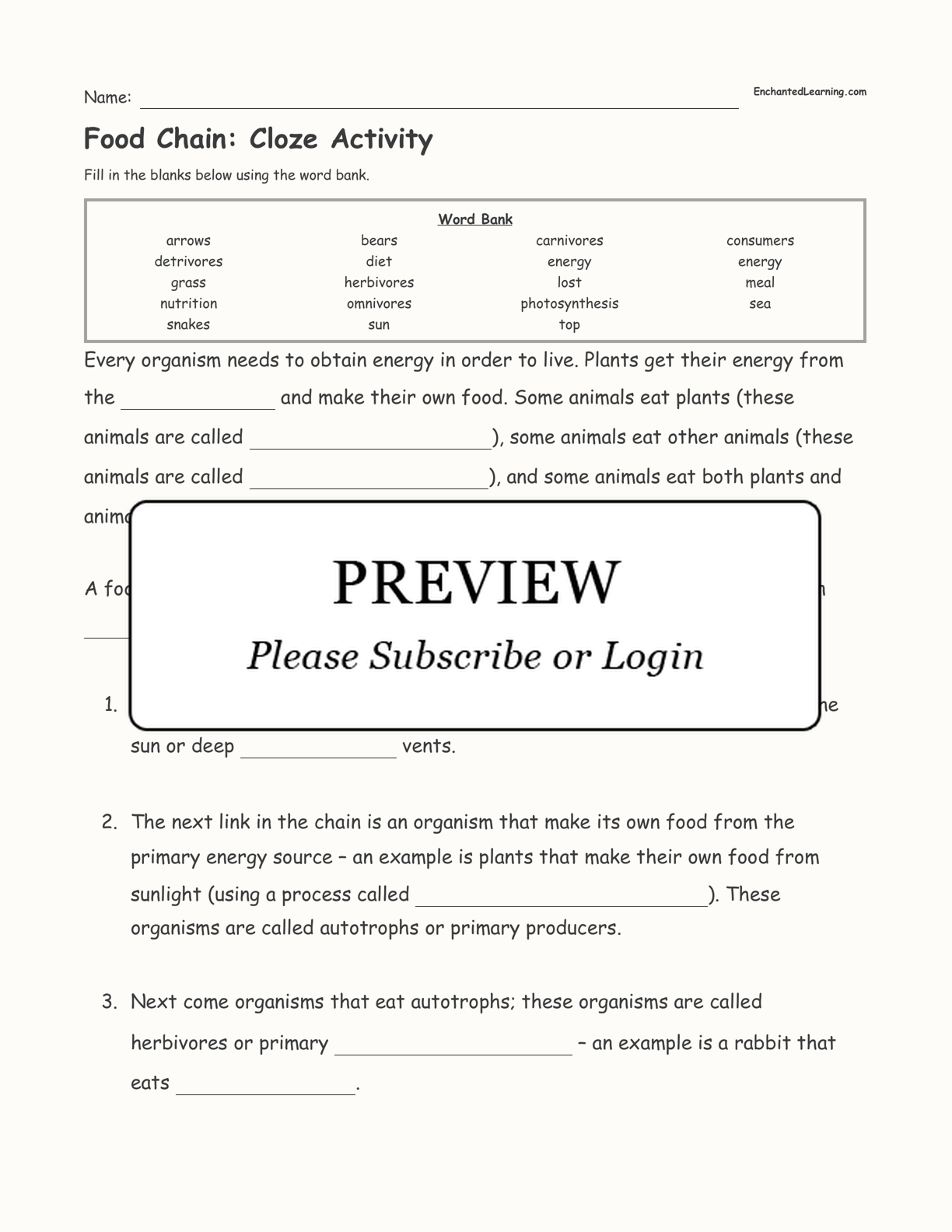 Food Chain: Cloze Activity interactive worksheet page 1