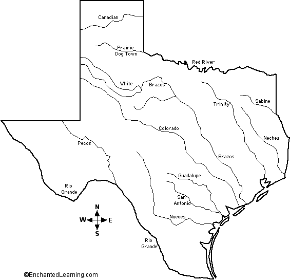 Major Rivers of Texas Outline Map (Labeled) - EnchantedLearning.com