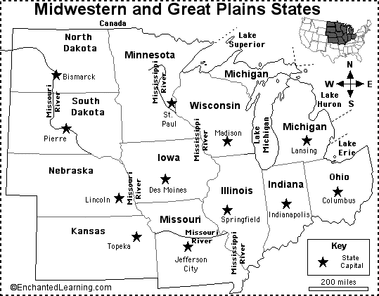 Midwest and Great Plains States Map/Quiz Printout - EnchantedLearning.com