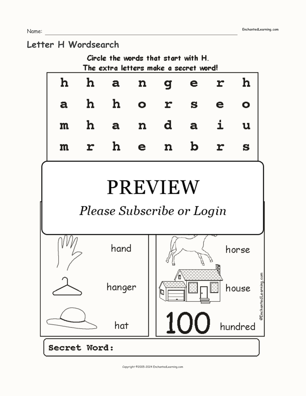 Letter H Wordsearch interactive worksheet page 1