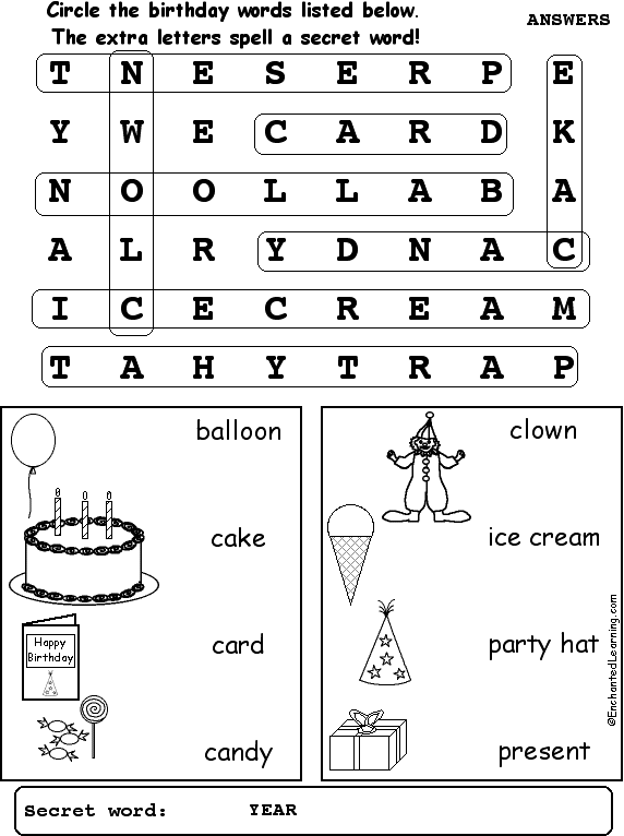 Birthday Wordsearch Answers