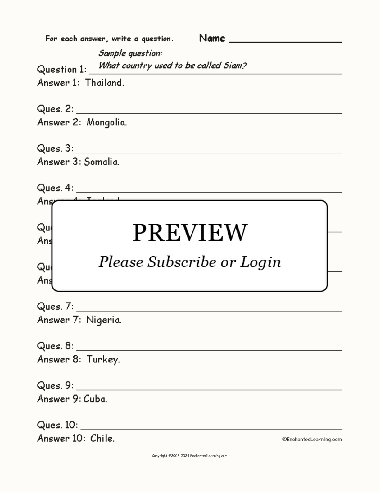 Countries #3: Write a Question for Each Answer interactive worksheet page 1