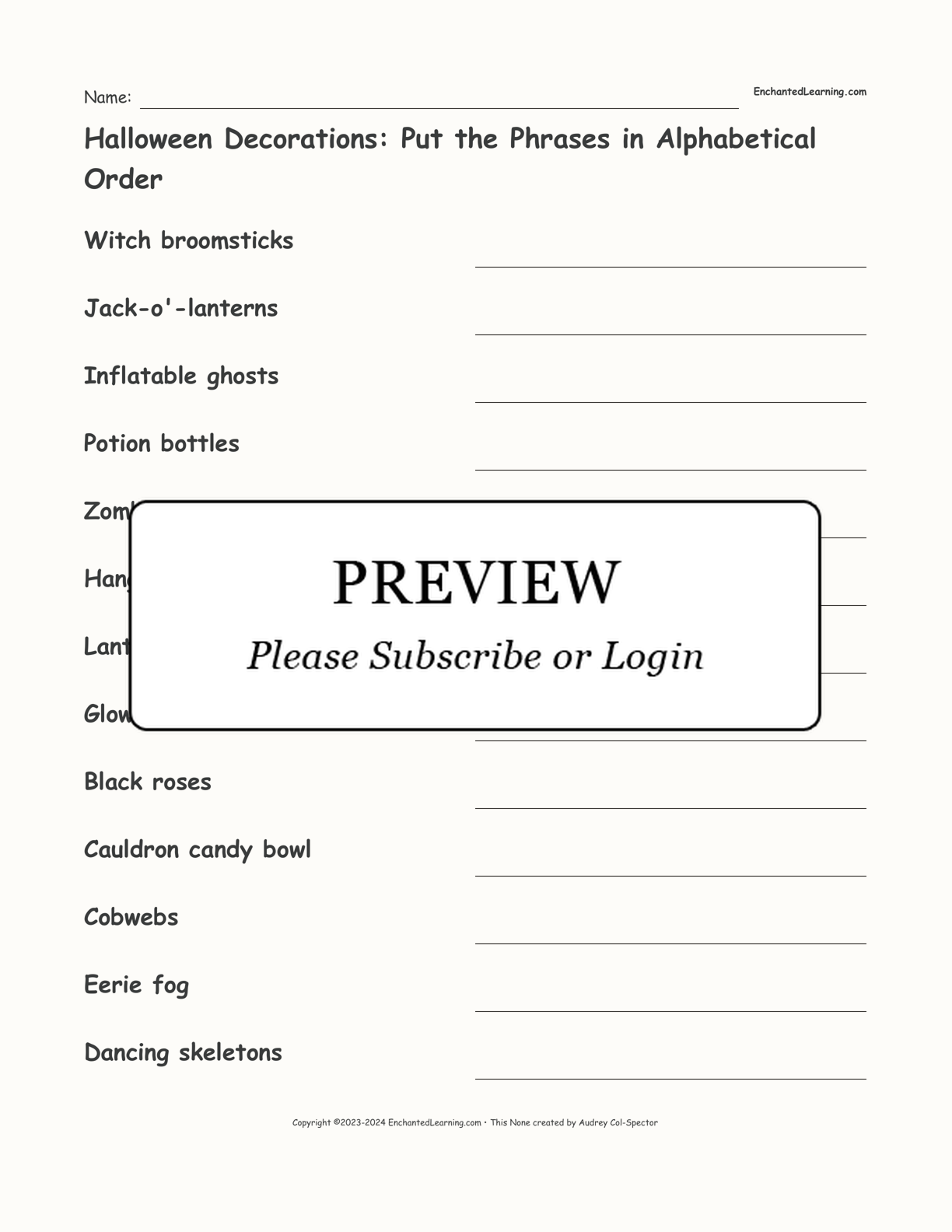Halloween Decorations: Put the Phrases in Alphabetical Order interactive worksheet page 1