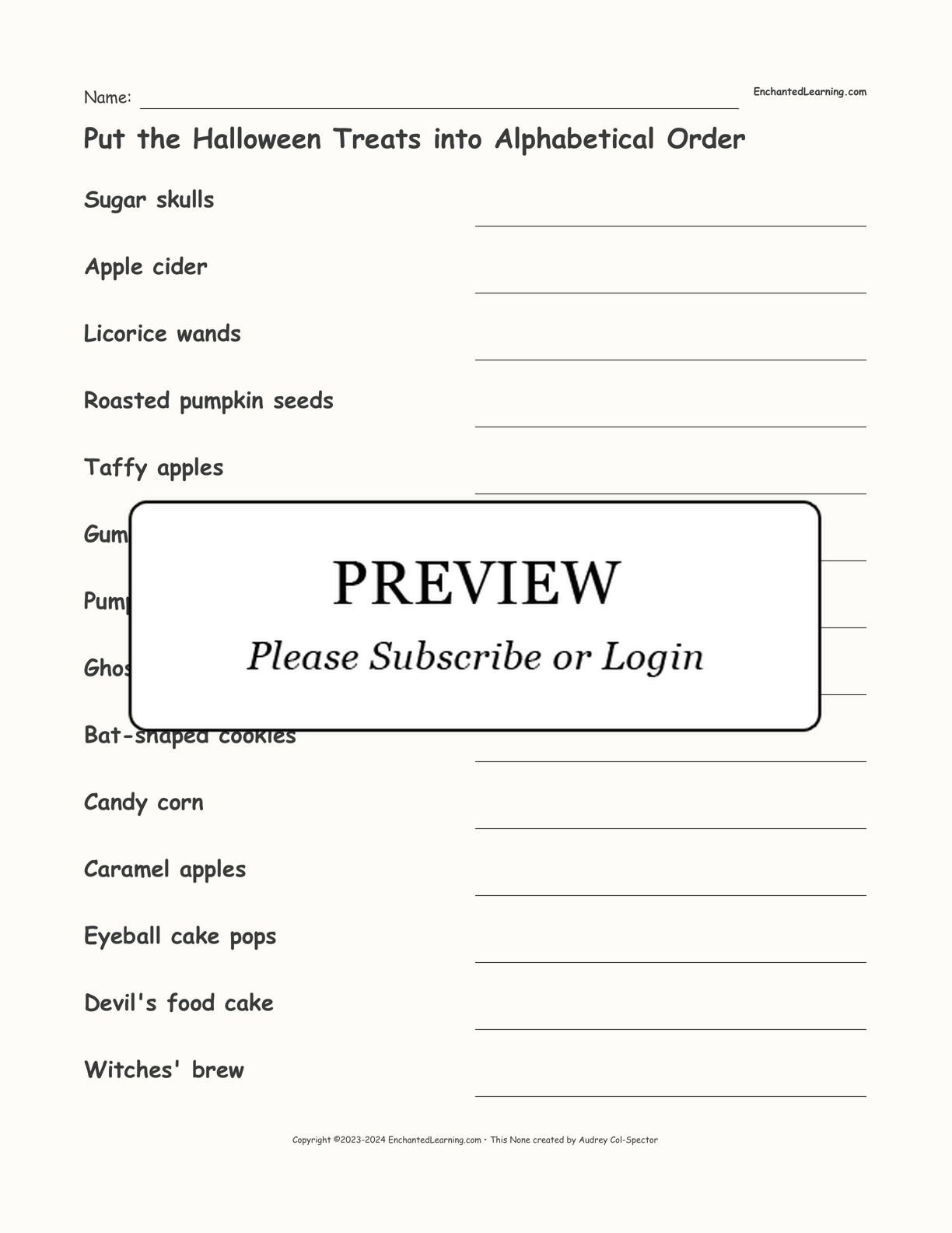 Put the Halloween Treats into Alphabetical Order interactive worksheet page 1