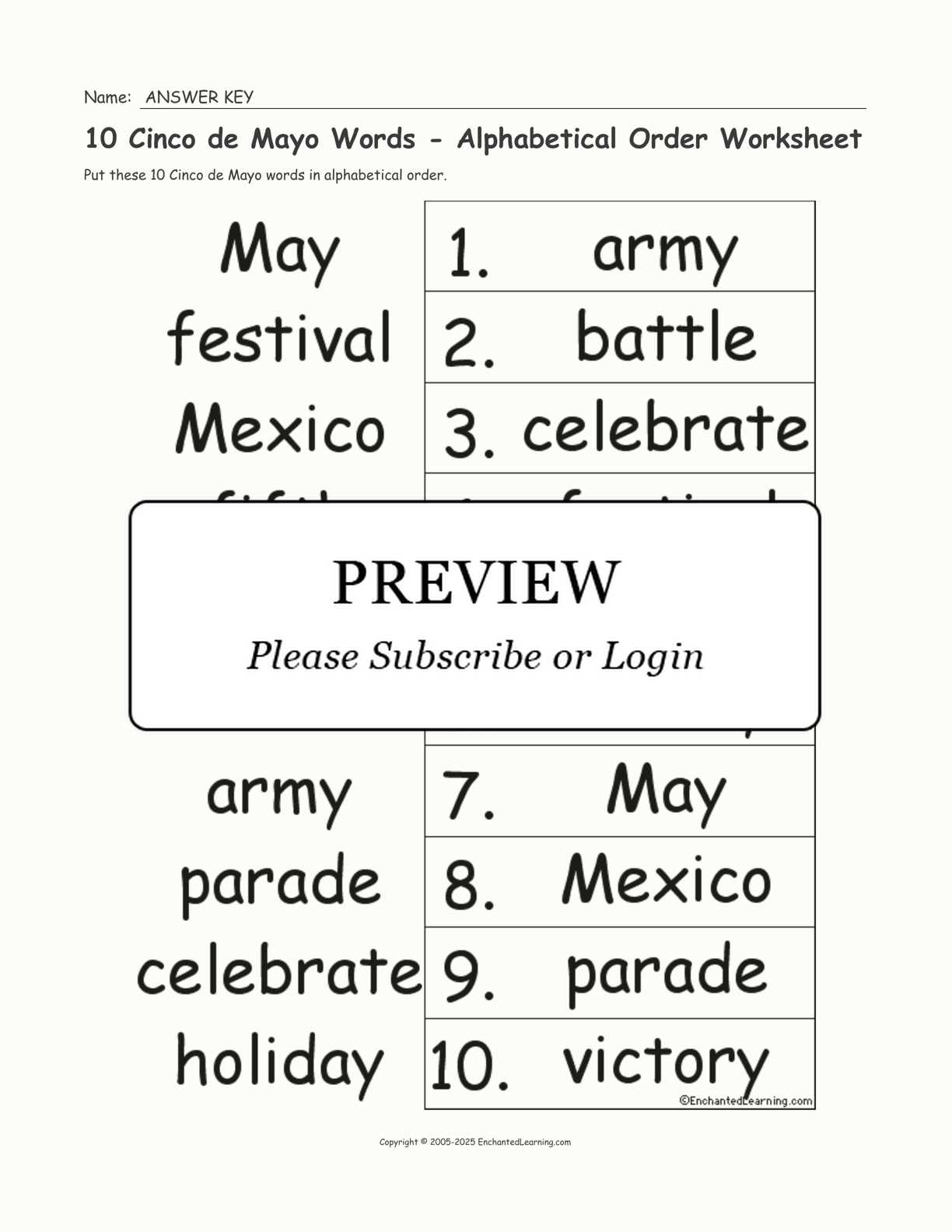 10 cinco de mayo words alphabetical order worksheet enchanted learning