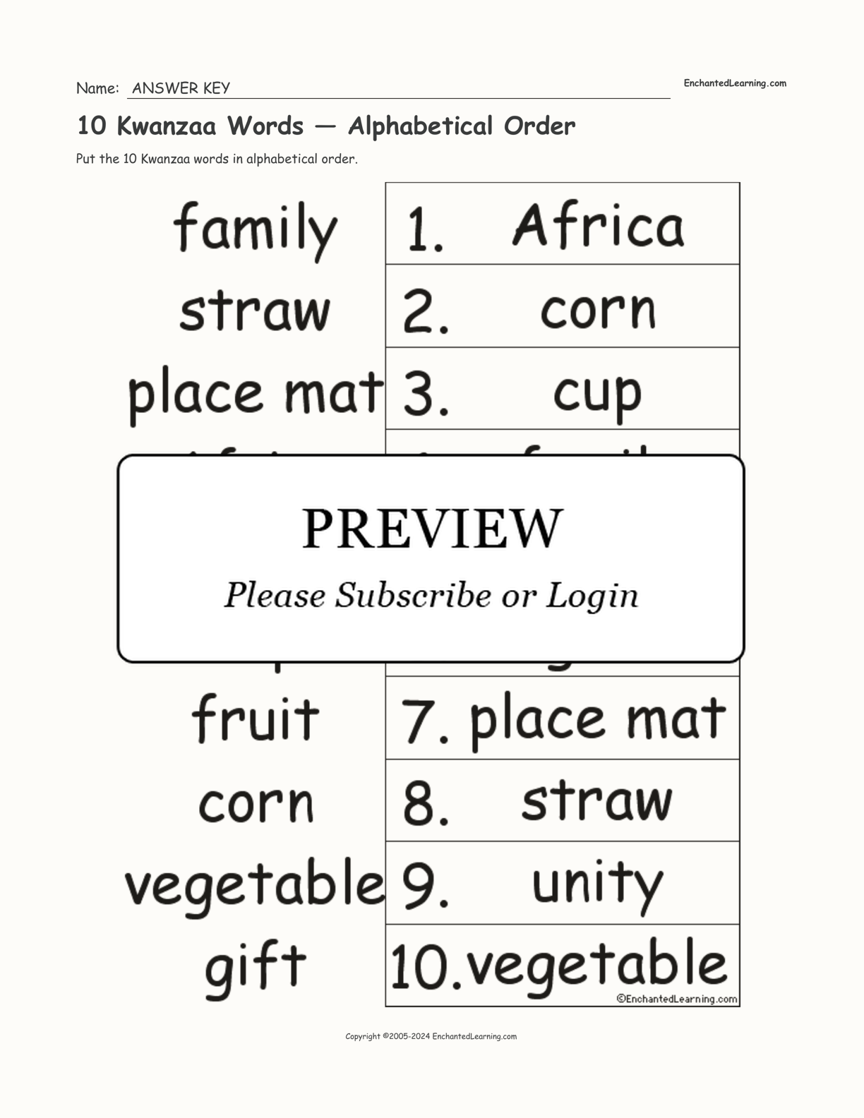 10 Kwanzaa Words — Alphabetical Order interactive worksheet page 2