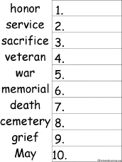 Put 10 Memorial Day Words in Alphabetical Order - Worksheet