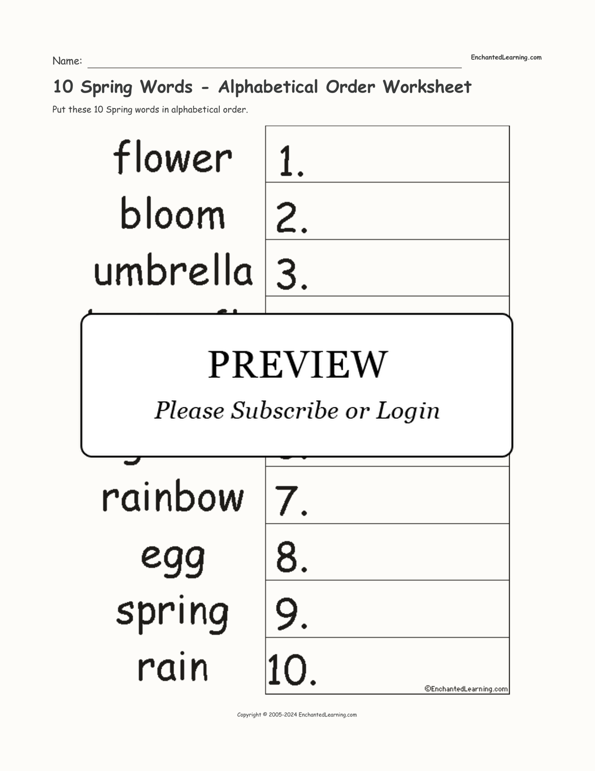 10 Spring Words Alphabetical Order Worksheet Enchanted Learning