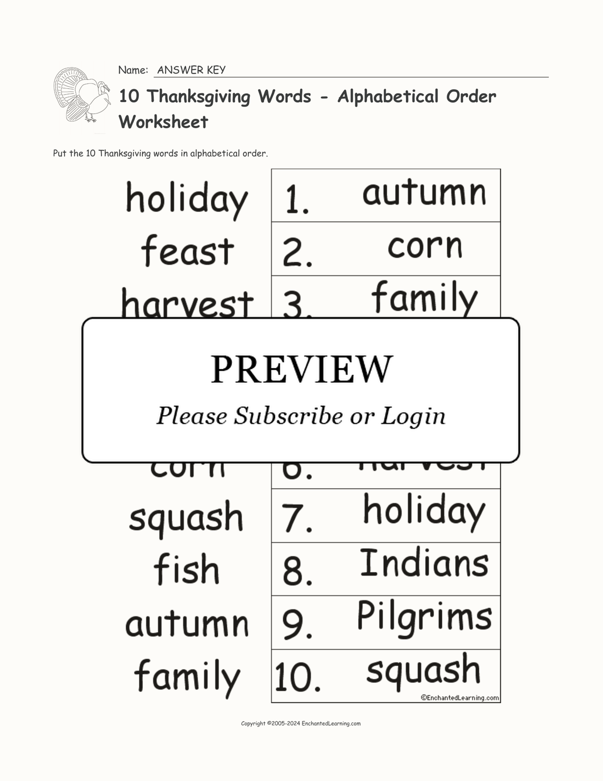 10 Thanksgiving Words - Alphabetical Order Worksheet interactive worksheet page 2
