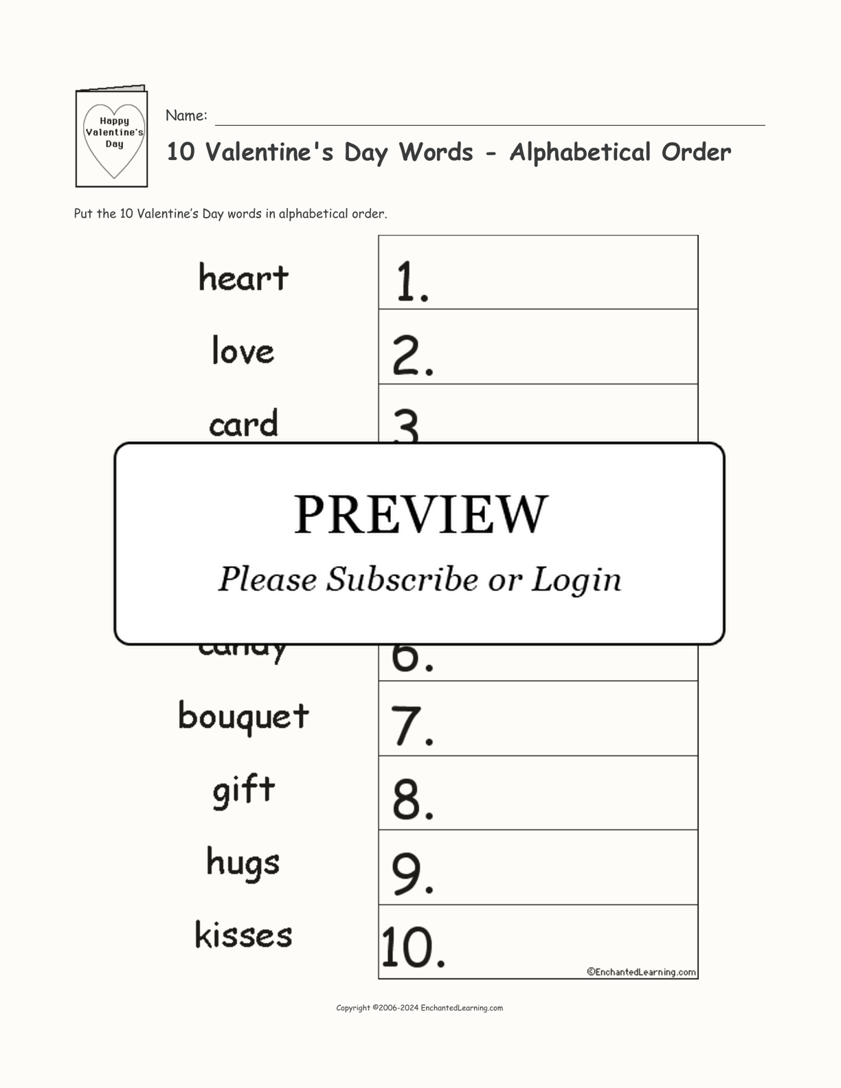 10 Valentine's Day Words - Alphabetical Order interactive worksheet page 1