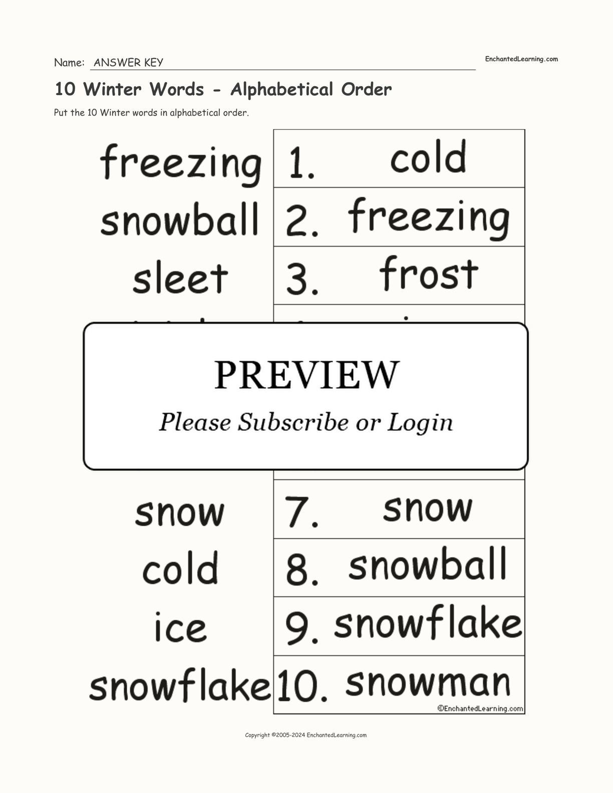 10 Winter Words - Alphabetical Order interactive worksheet page 2