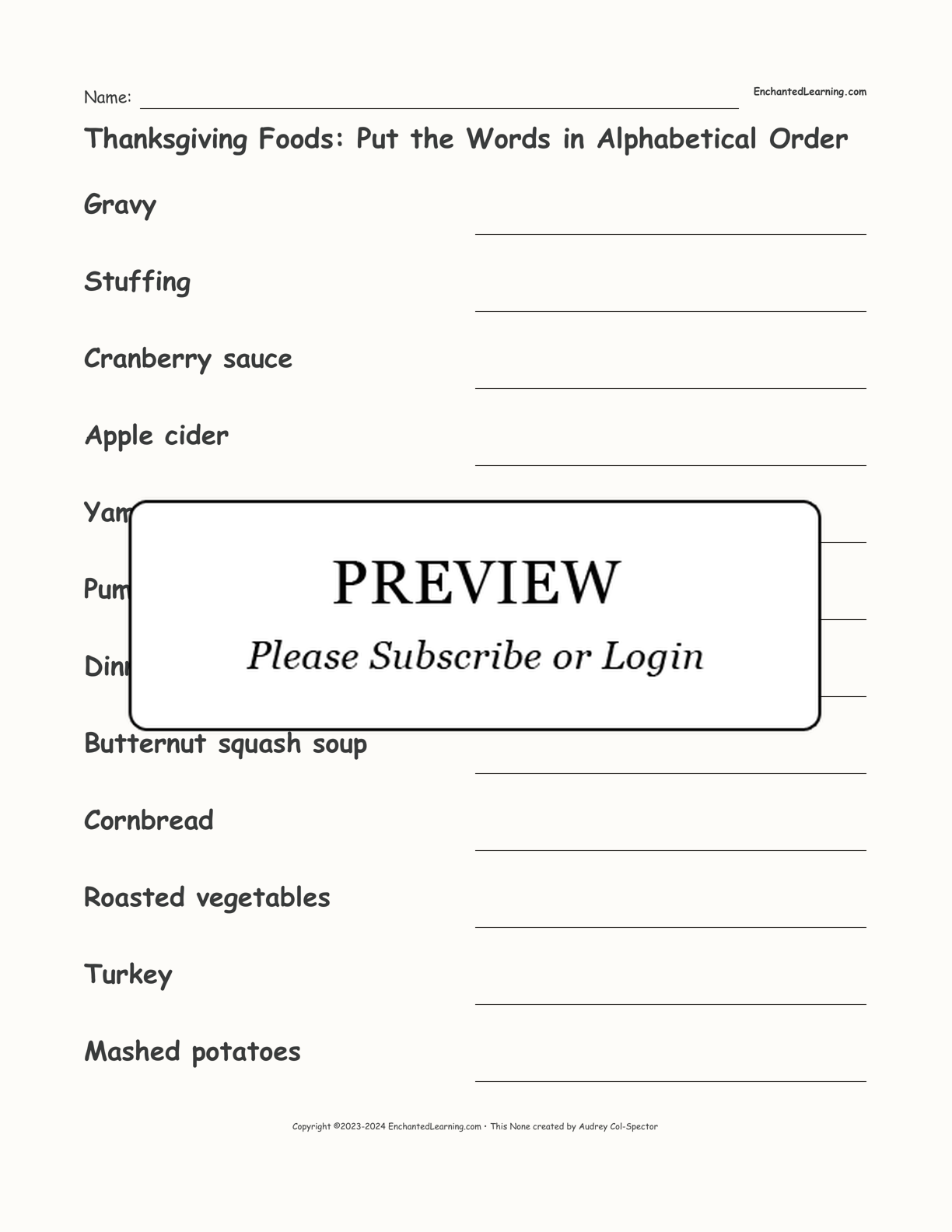 Thanksgiving Foods: Put the Words in Alphabetical Order interactive worksheet page 1