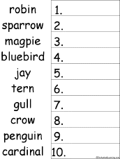 10 birds alphabetical order worksheet printout