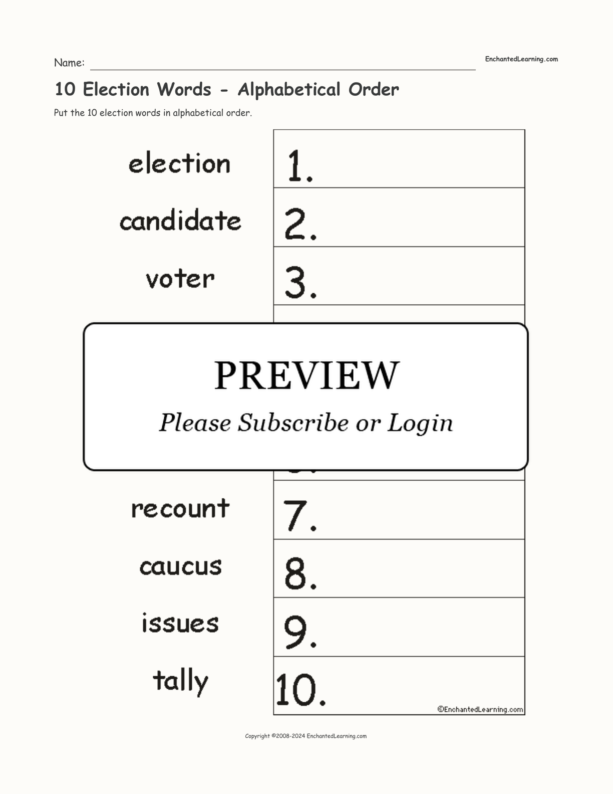 10 Election Words - Alphabetical Order interactive worksheet page 1