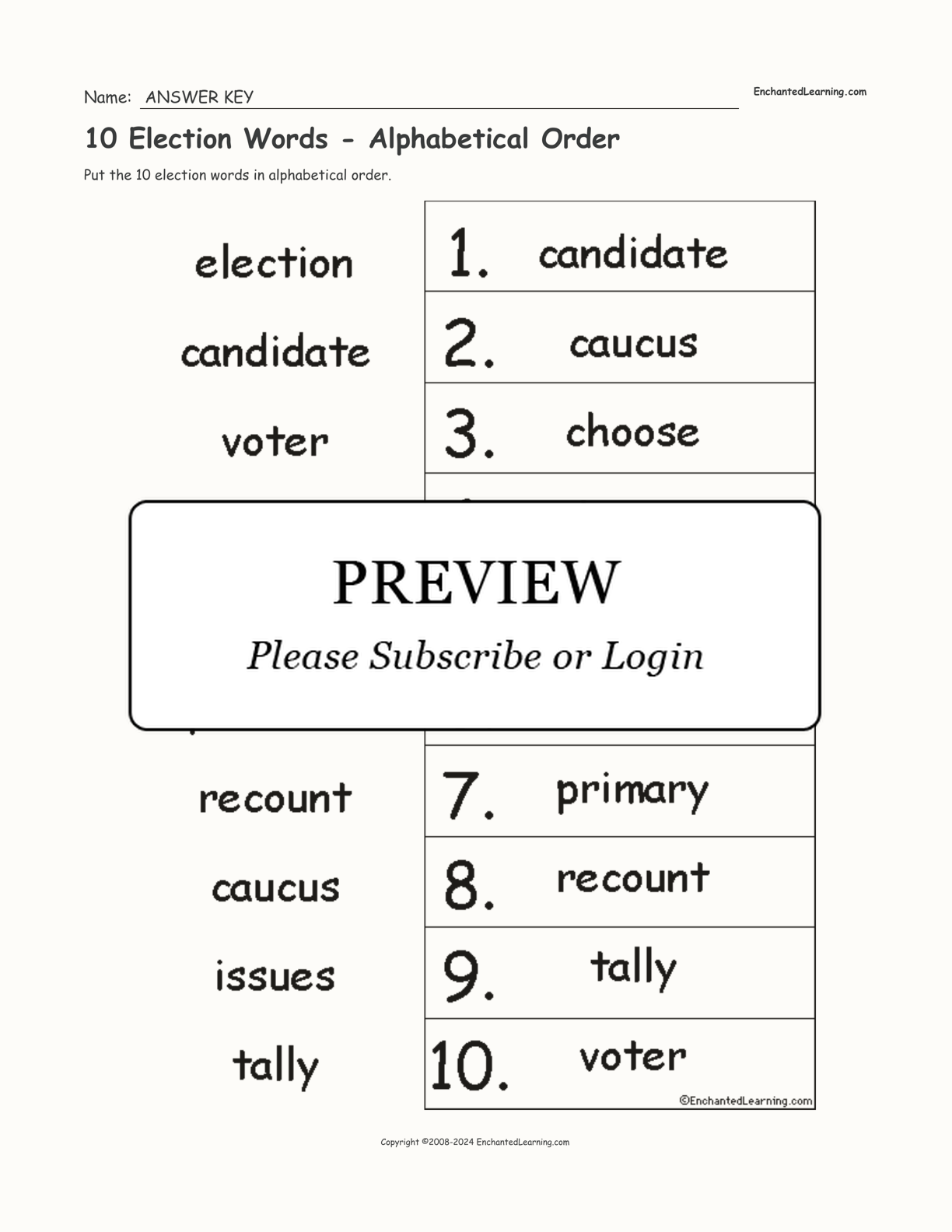 10 Election Words - Alphabetical Order interactive worksheet page 2
