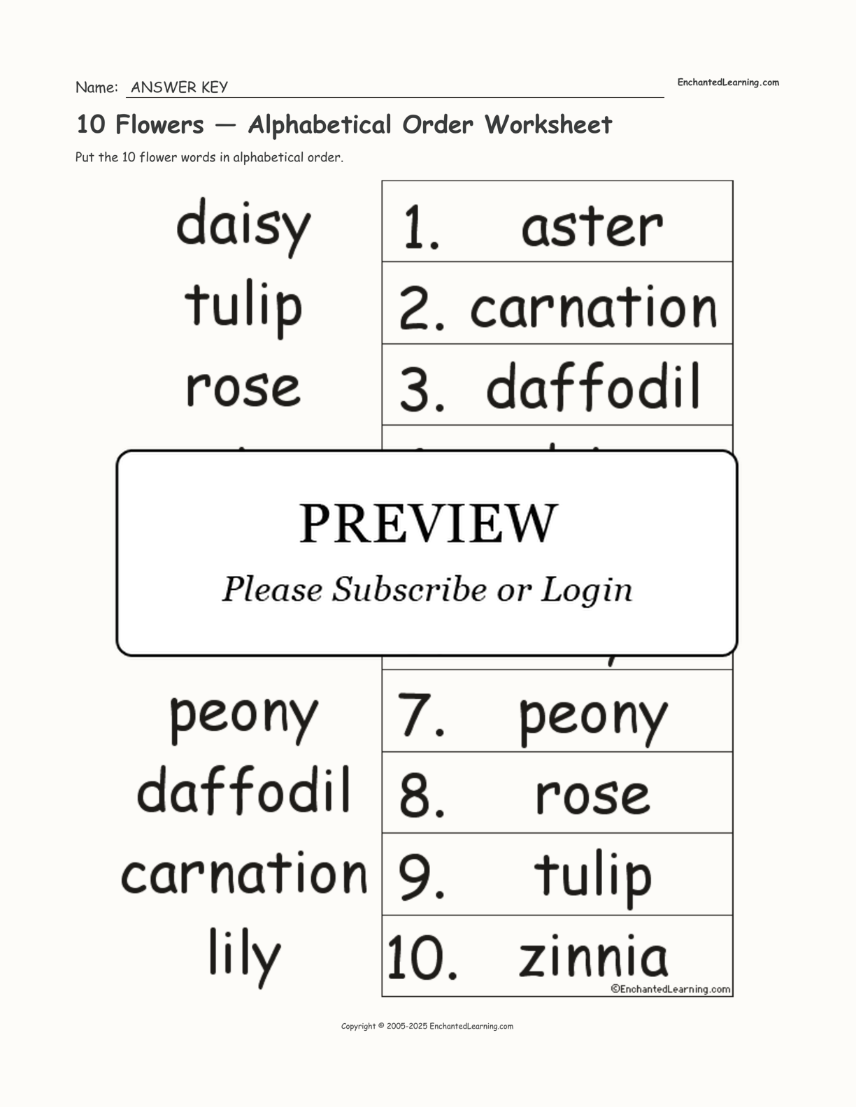 10 Flowers Alphabetical Order Worksheet Enchanted Learning