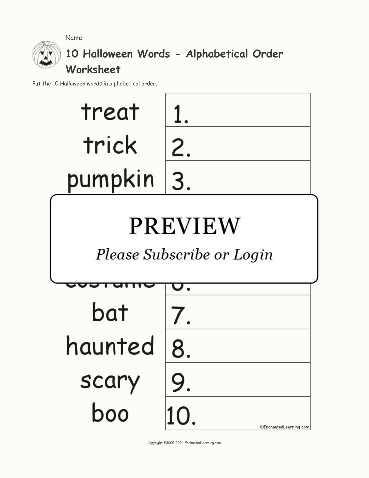 10 Halloween Words - Alphabetical Order Worksheet interactive worksheet page 1