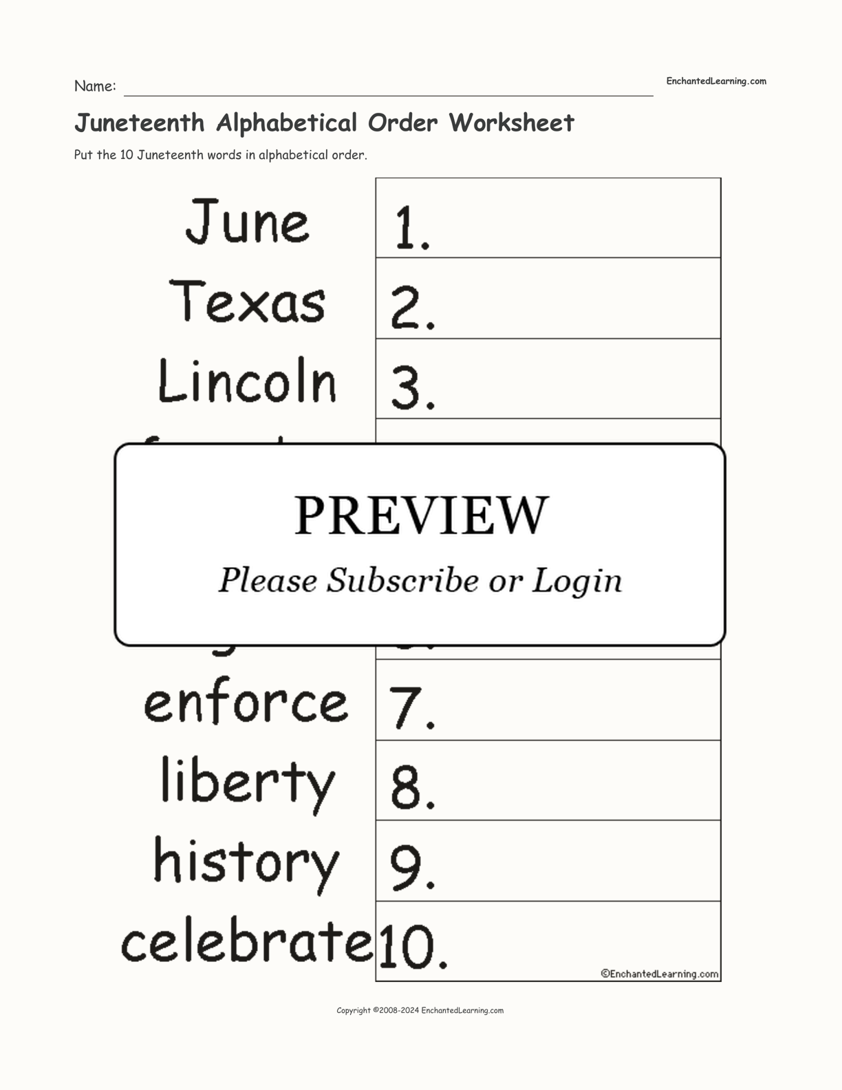 Juneteenth Alphabetical Order Worksheet interactive worksheet page 1