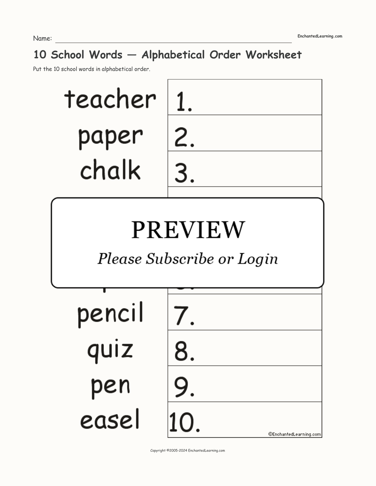 10 School Words — Alphabetical Order Worksheet interactive worksheet page 1