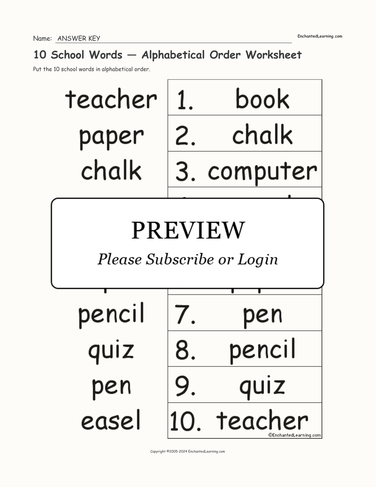 10 School Words — Alphabetical Order Worksheet interactive worksheet page 2
