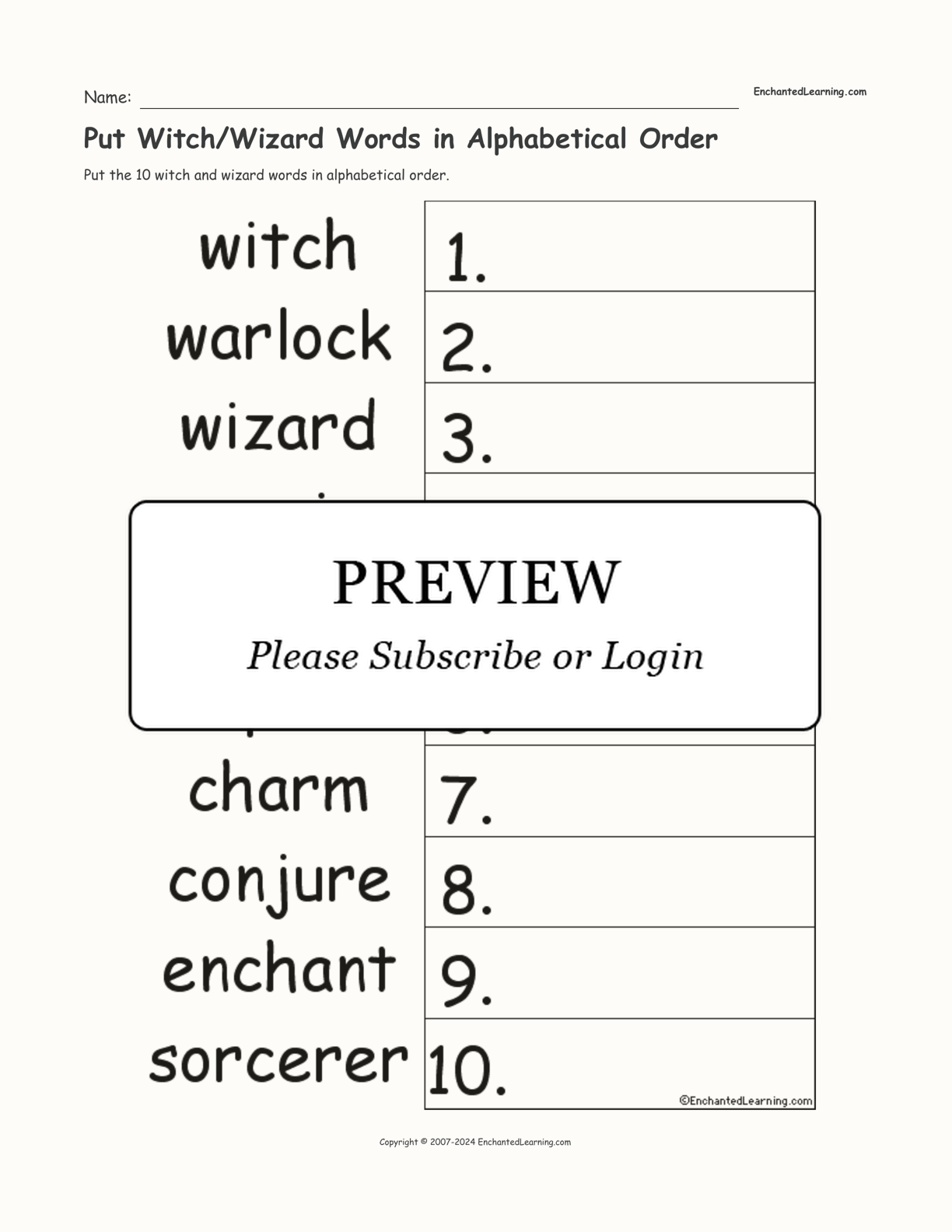 Put Witch/Wizard Words in Alphabetical Order interactive worksheet page 1