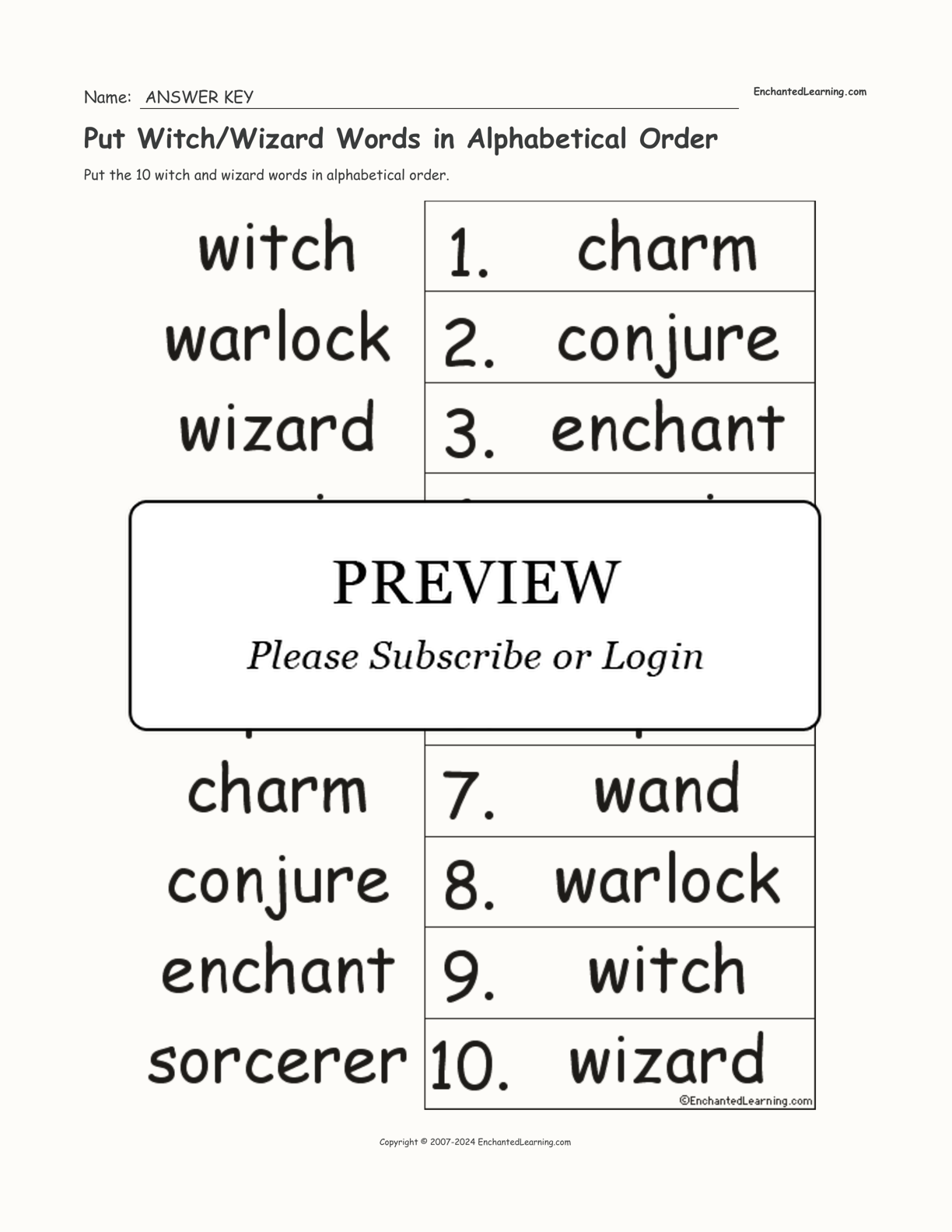 Put Witch/Wizard Words in Alphabetical Order interactive worksheet page 2