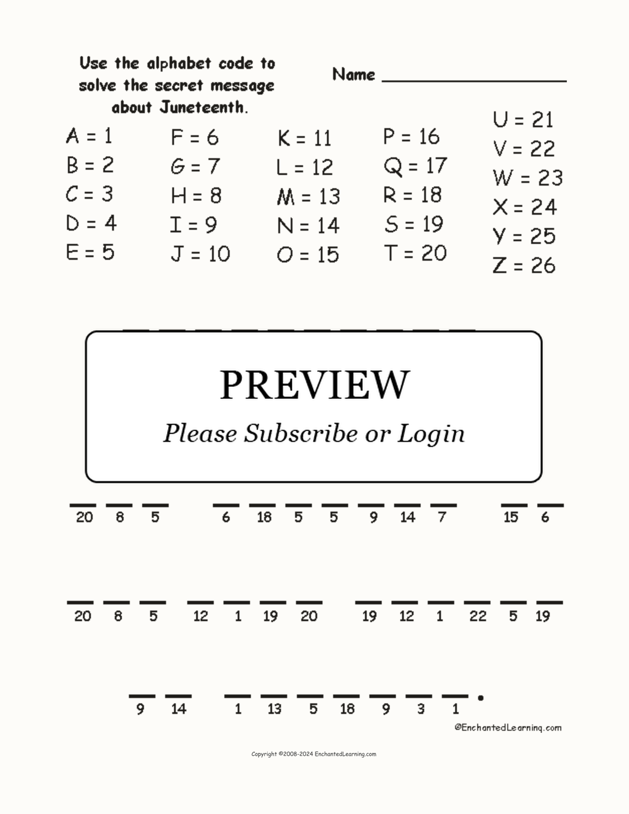 Juneteenth Alphabet Code interactive worksheet page 1
