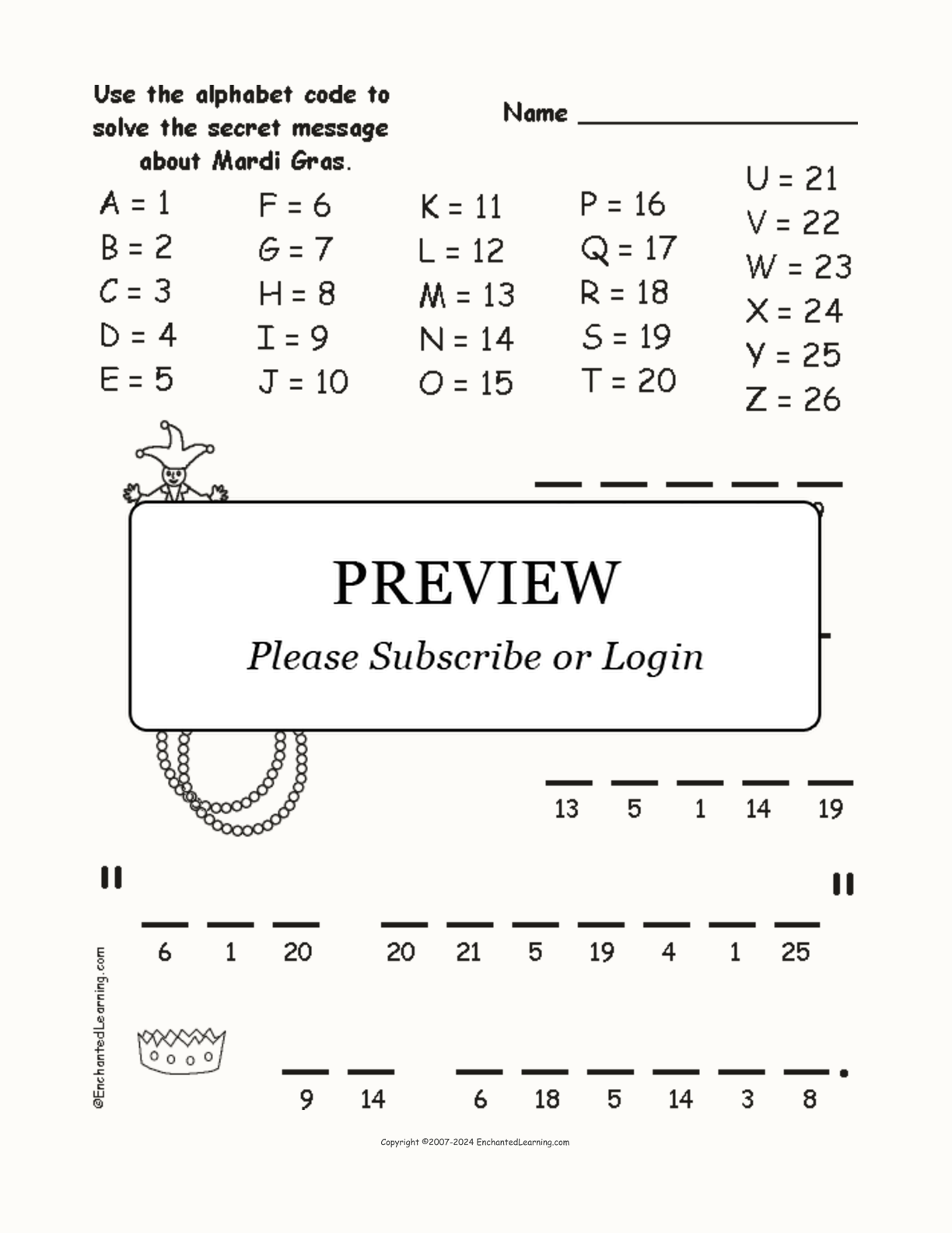 Mardi Gras Alphabet Code interactive worksheet page 1