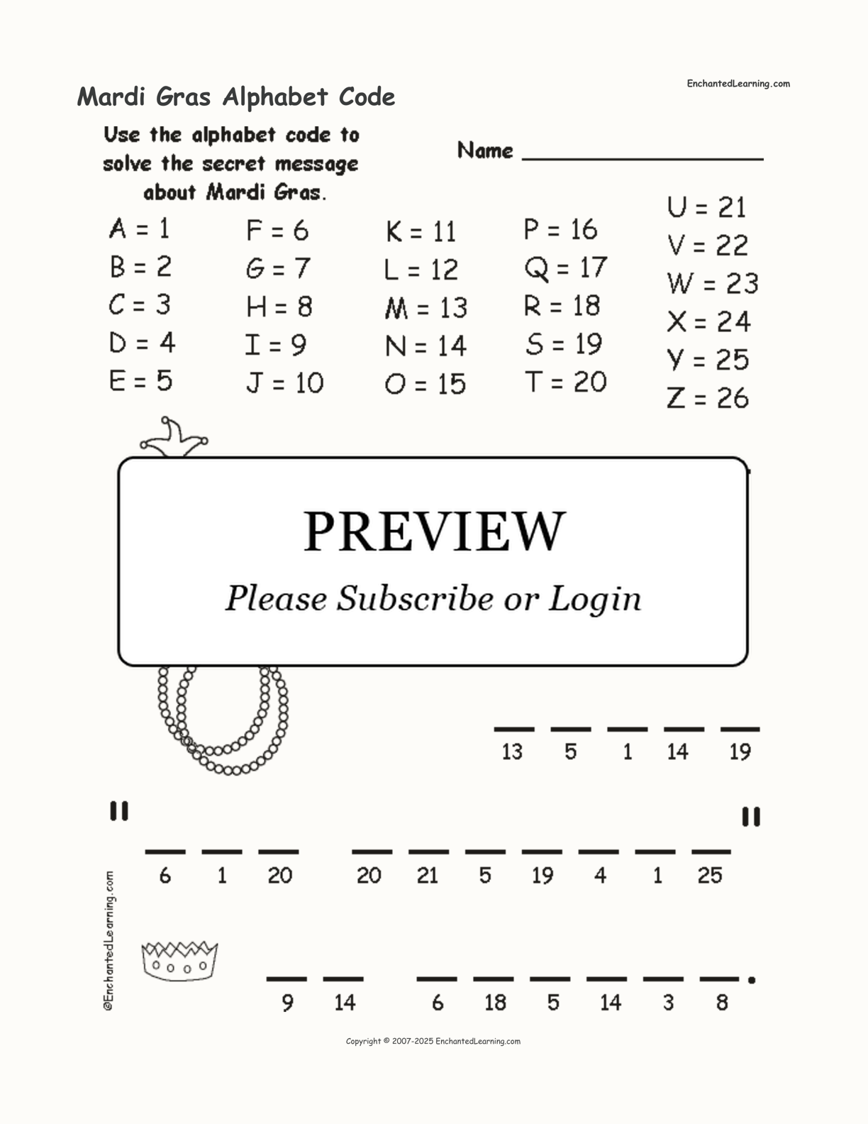 Mardi Gras Alphabet Code interactive worksheet page 1